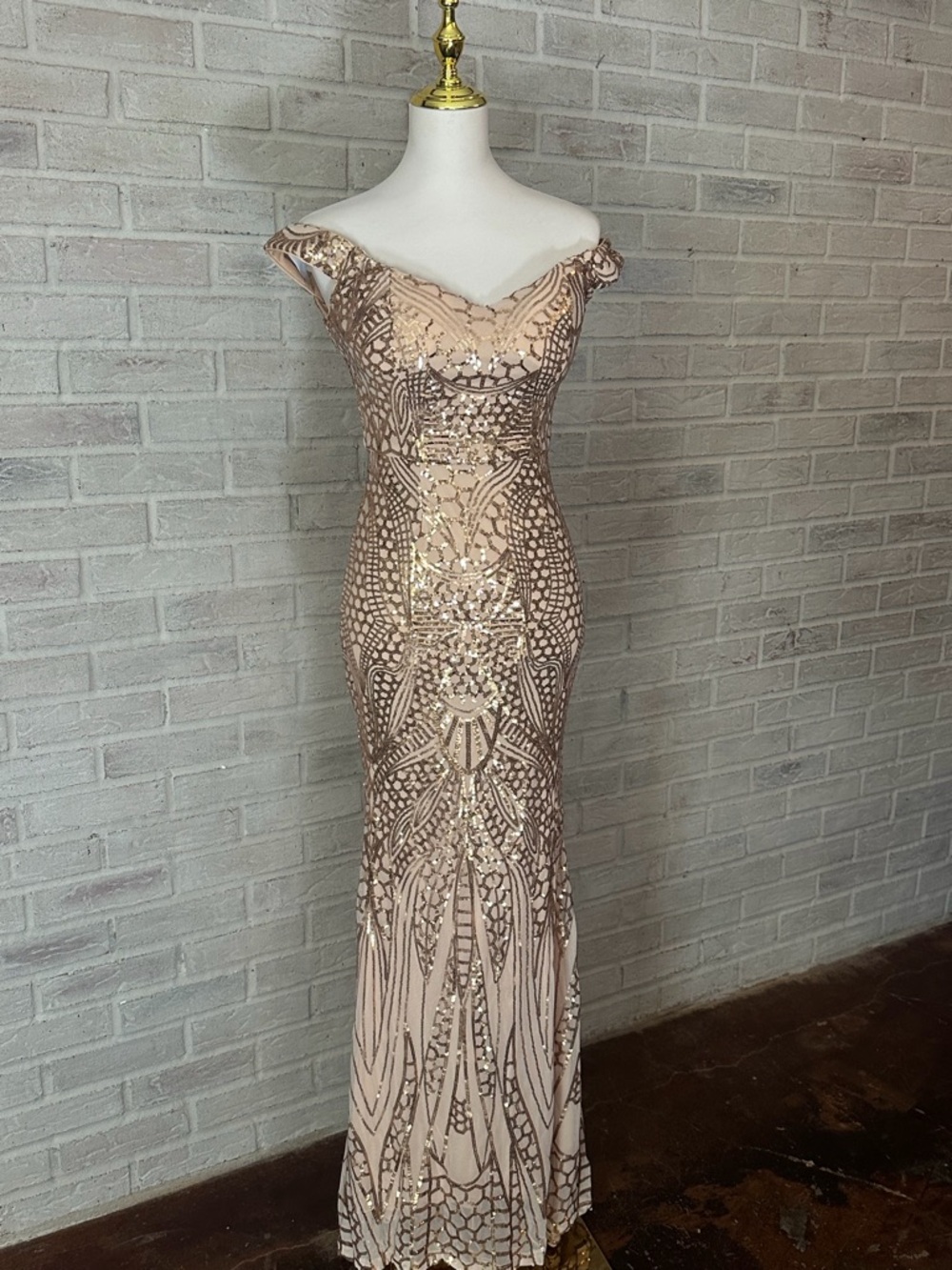 Sequin Embellished Off-Shoulder Evening Gown - Blush